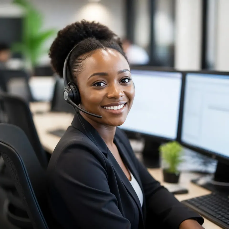Assistente de apoio ao cliente da Internet de Moçambique com auscultadores no centro de atendimento