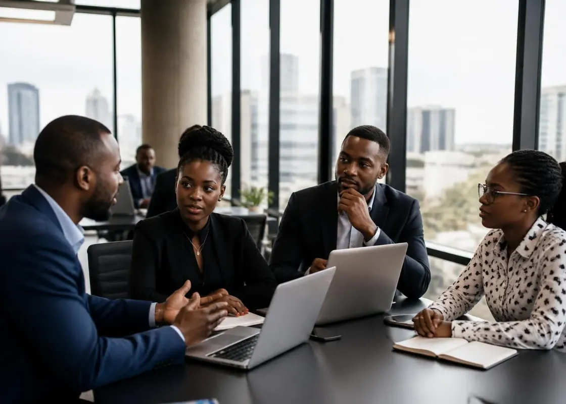 Equipa empresarial numa reunião de trabalho em Maputo com ligação de internet empresarial