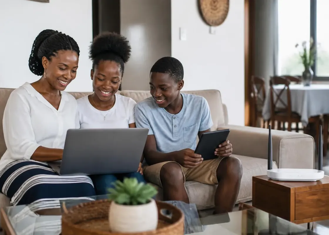 Família em casa, em Moçambique, a usar internet de fibra num portátil e num tablet