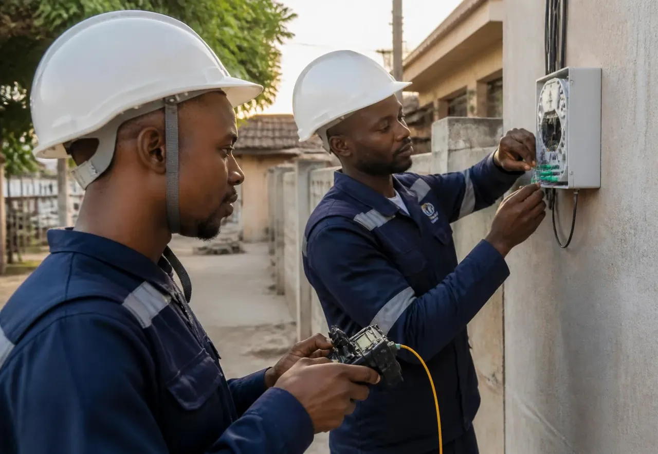 Técnicos da Internet de Moçambique a instalar uma caixa de fibra ótica numa residência em Maputo
